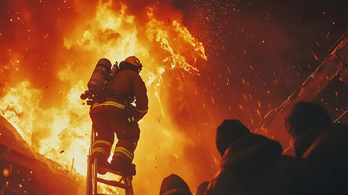 Firefighter Facing Towering Flames
