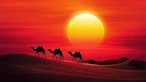 Caravan in the Desert at Sunset