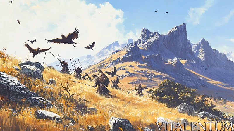 AI ART Mountainous Landscape with Warriors and Birds