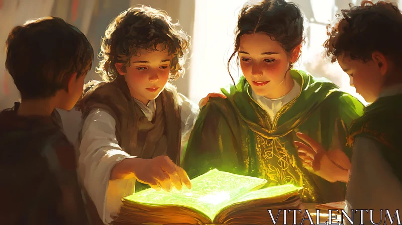 Kids Around Glowing Book Art AI Image