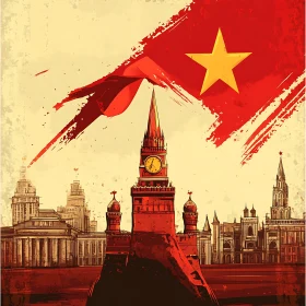 Stylized City Buildings and National Flag