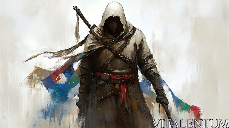 AI ART Mysterious Hooded Warrior with Sword