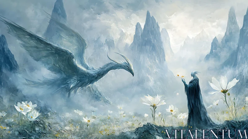 AI ART Dragon and Wizard in Misty Landscape