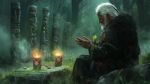 Old Man in Forest with Totems