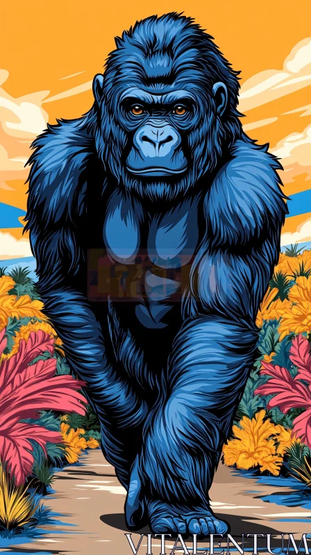 Illustration of Blue Gorilla in Colorful Jungle AI Image