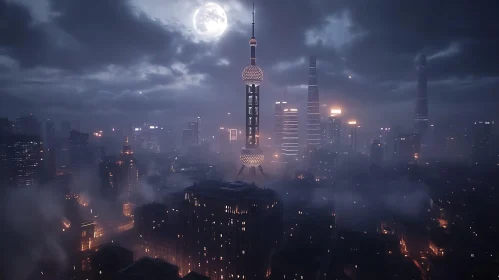 Misty City Skyline at Night