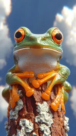 Vivid Green Frog Under Blue Sky