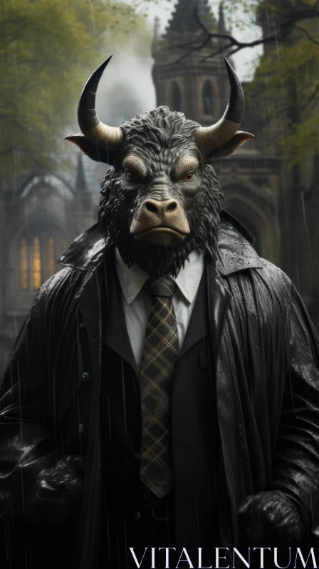 Man in Bull Costume: Dark Academia Meets Apocalyptic Theme AI Image