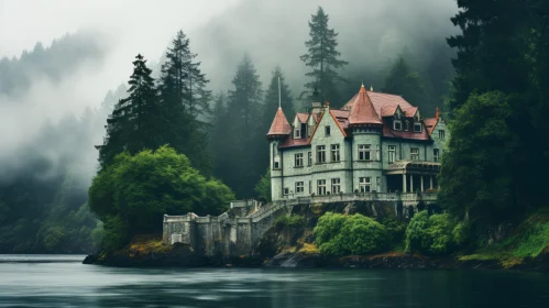 Misty Gothic House on Water's Edge - Timeless 19th Century Artistry