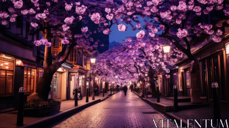 Purple Cherry Tree in an Illuminated City Street AI Image