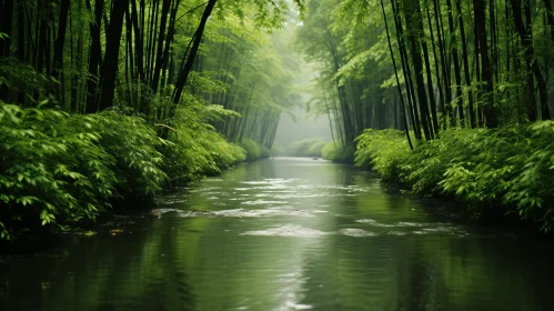 Serene Forest River Amidst Bamboo - Natural Zen Imagery