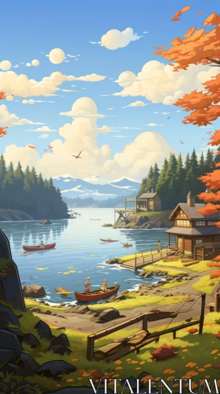 Serene Lake Illustration at Rustic Cabin | Highly Detailed Artwork AI Image