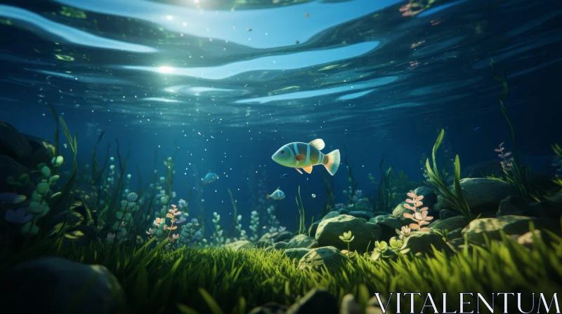 Underwater Grass and Fishes in Summer Ocean Background AI Image