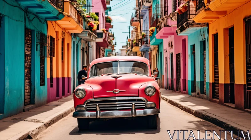 Vintage Red Car on a Colorful Havana Street AI Image