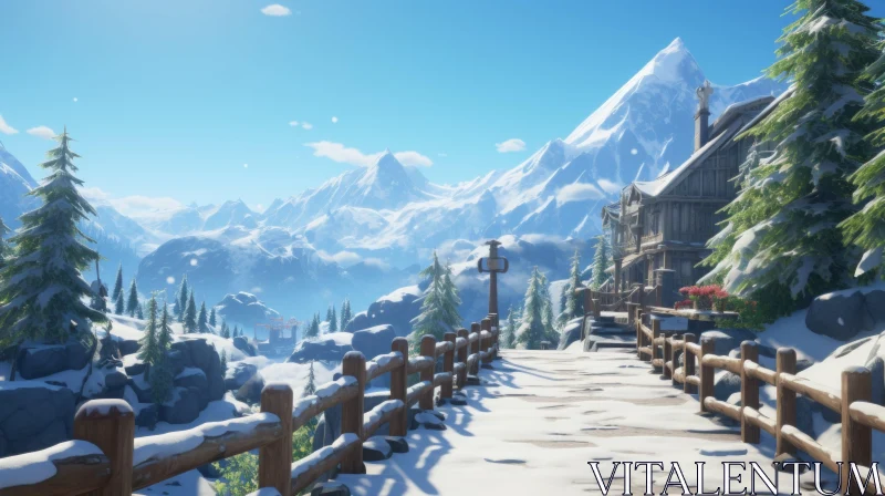 Winter Village Scene with Snowy Mountains and Realistic Blue Skies AI Image