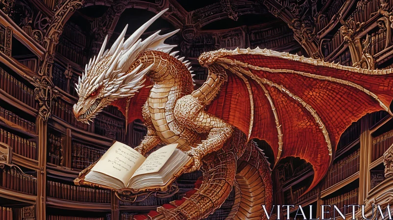 Scholarly Dragon in a Grand Library AI Image