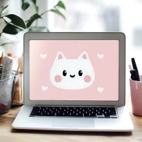 Adorable Cat Cartoon on Laptop with Pink Background