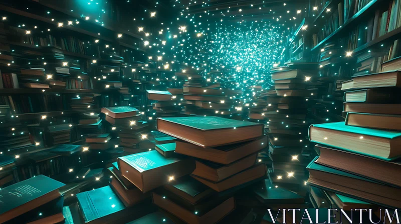 Enchanted Library with Sparkling Lights AI Image