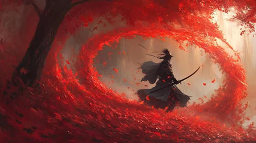 Red Leaves Vortex: Solitary Samurai Art