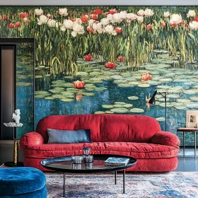 Red Sofa in Artistic Living Room with Water Lily Wall Mural