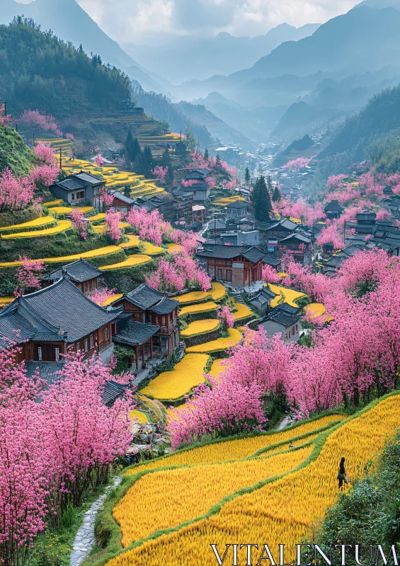 Terraced Fields and Pink Blossoms in Valley AI Image