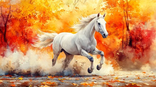 Galloping White Horse in Autumn