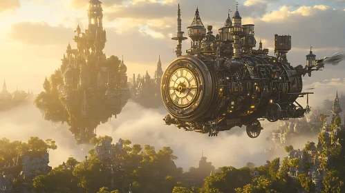 Clockwork Airship Over Steampunk City