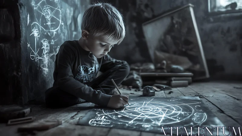 AI ART Boy's Mystical Drawing in Dim Light