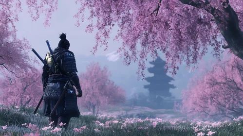 Warrior in Pink Blossom Landscape