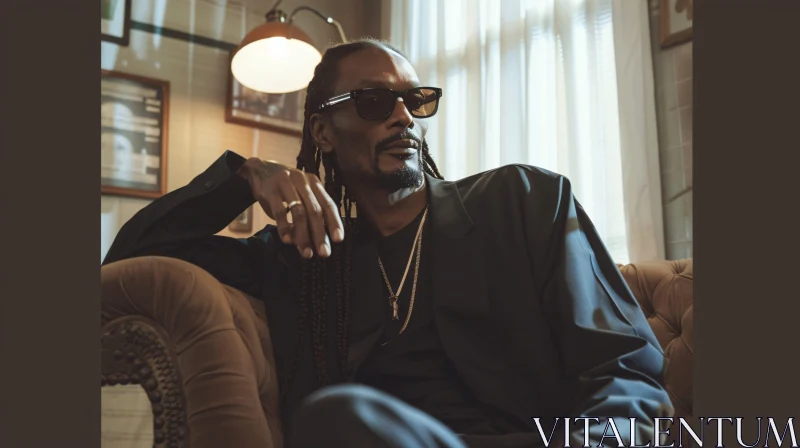 Snoop Dogg in Sunglasses Sitting on Chair AI Image