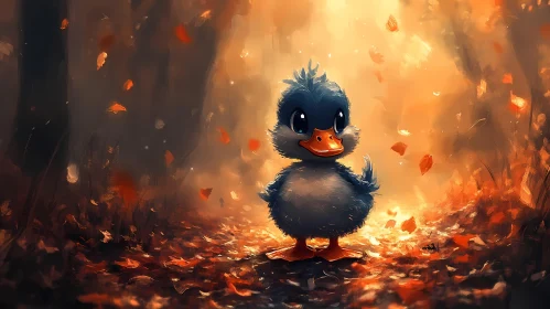 Cute Duckling in Autumn Woods