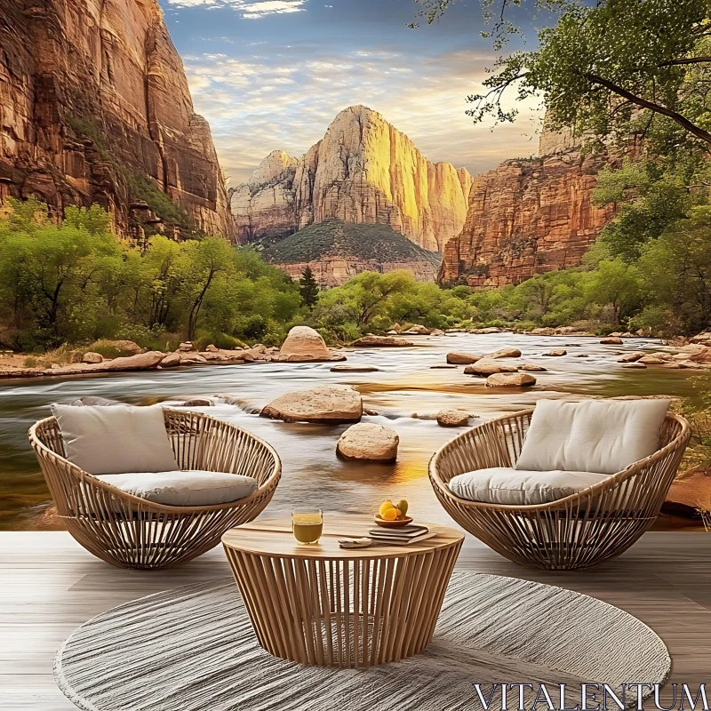 AI ART Serene Mountain River with Wicker Chairs