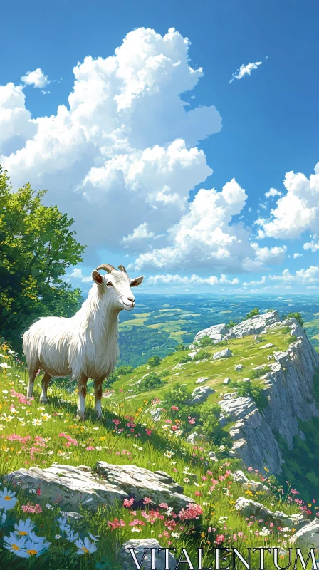 Mountain Goat in Blooming Landscape AI Image