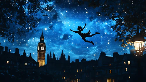 Silhouette of Peter Pan in Starry London Sky