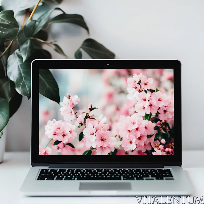 Beautiful Pink Flowers Shown on Laptop Screen AI Image