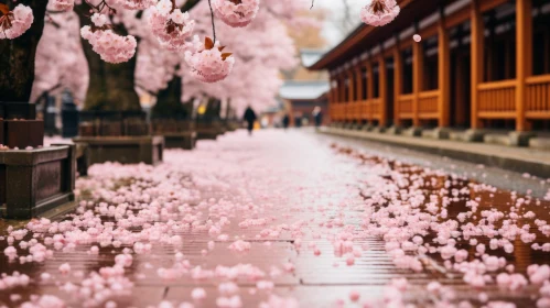 Cherry Blossoms Walkway: A Serene Atmosphere near a Traditional Temple