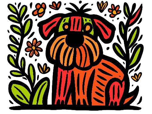 Colorful Patterned Dog Among Flowers - Ideal for Prints