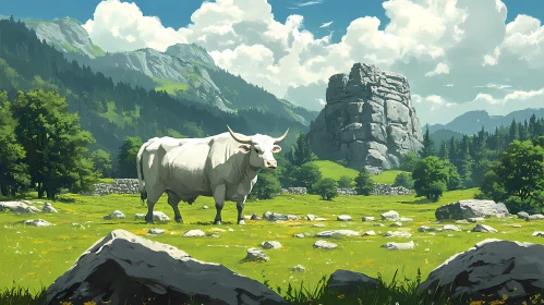 White Cow in Meadow Landscape