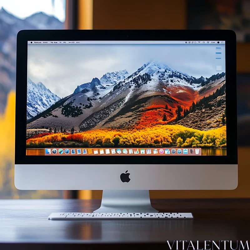 Elegant iMac Setup with Scenic Mountain Display AI Image