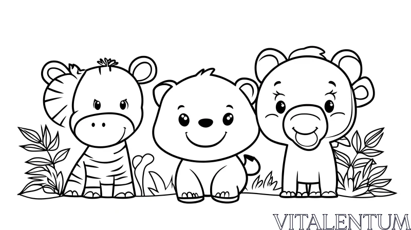 Cute Cartoon Animals in Black and White AI Image