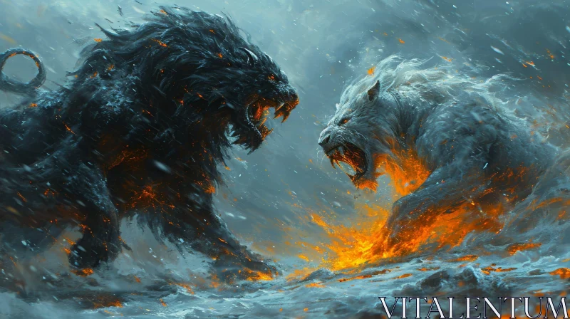 Epic Battle of Lions in Snowy Landscape - Digital Painting AI Image