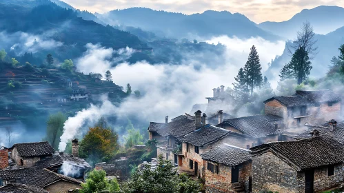 Foggy Mountain Village Landscape