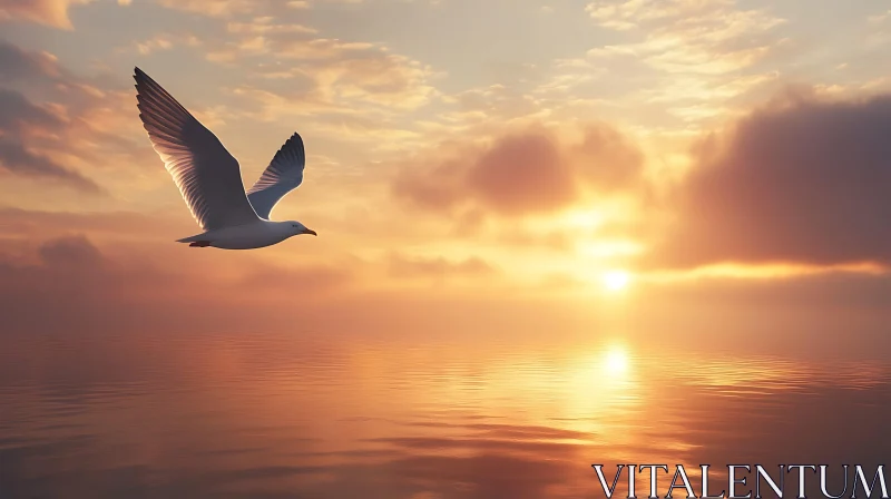 Bird Flying Over Sea at Sunset AI Image