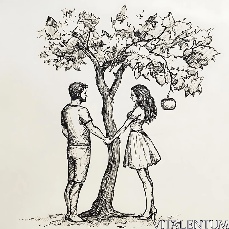 AI ART Monochrome Sketch of Lovers Underneath a Tree