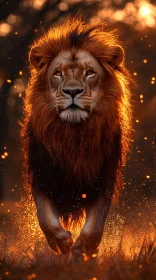 Regal Lion Walking Through Sunlit Forest