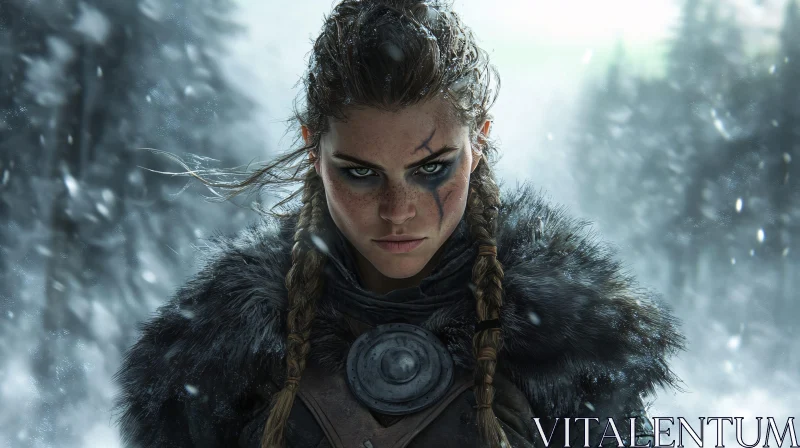 Intense Female Warrior Gaze in Snowy Woods AI Image