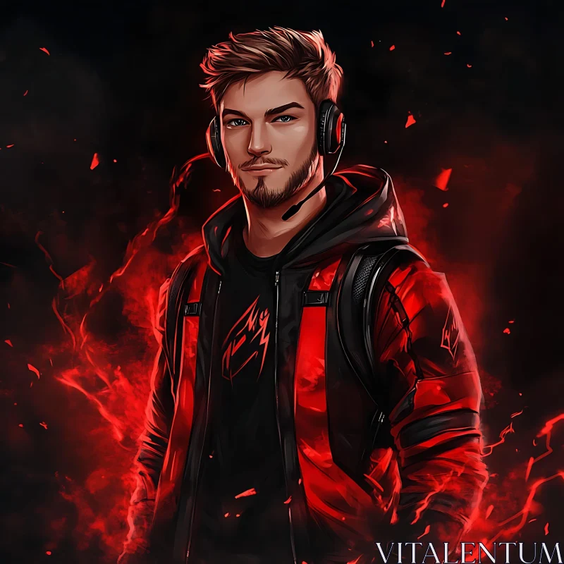 Man with Headset in Red and Black AI Image