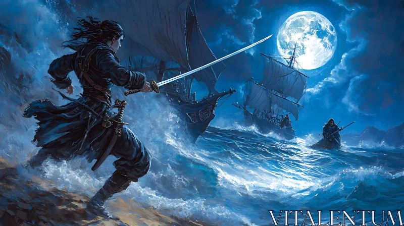 AI ART Warrior's Ocean Quest under Moonlight