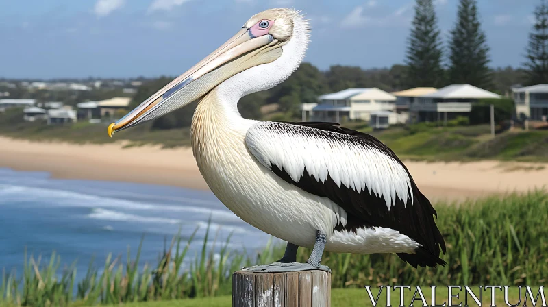 Pelican on Post Overlooking Beach AI Image