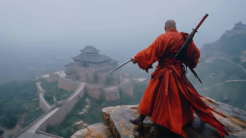 Shaolin Monk with Swords on Cliff